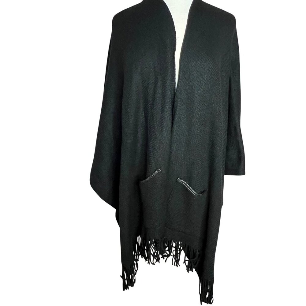 Black Knit Poncho With Fringe Hem & Pockets One Size By Apt. 9